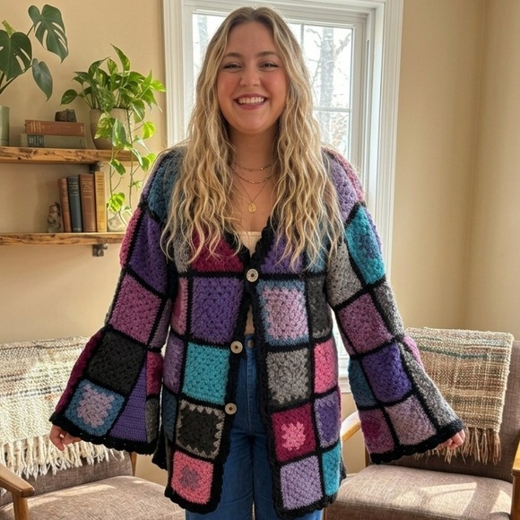Handmade Sweaters - Handmade Granny Square Bell Sleeve Cardigan Vibrant Pink Purple & Blue Size L XL